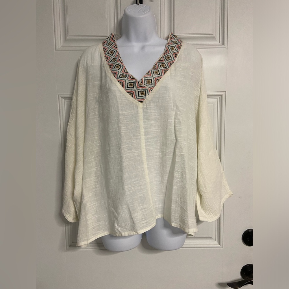 2- WORLD MARKET Cream Muslin Embroidered V-Neck Top